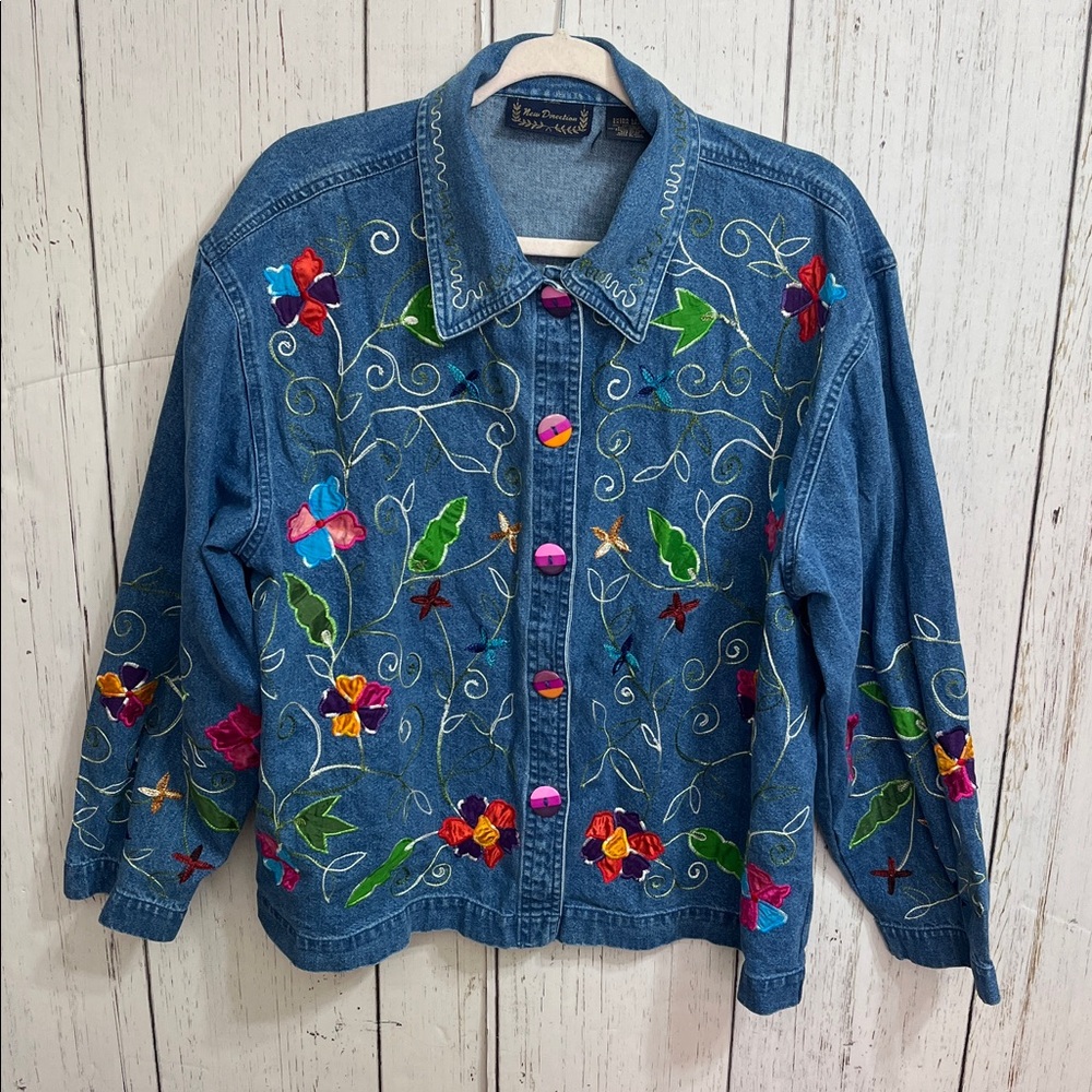 Vintage Blue Jean Jacket with Colorful Embroidery